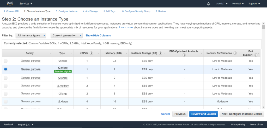 Choose your EC2 instance type.