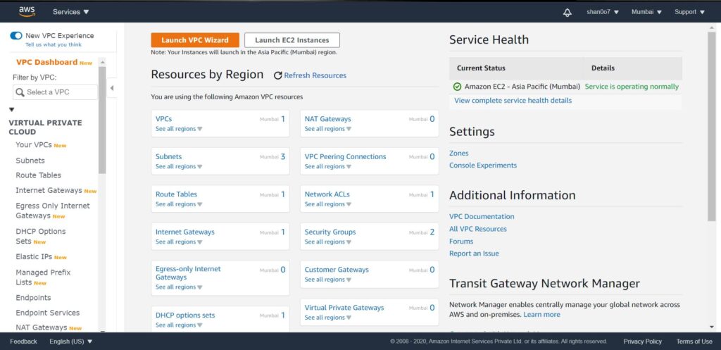 Open VPC Dashboard