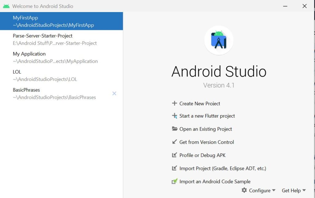 Android studio welcome screen after flutter lugin installation