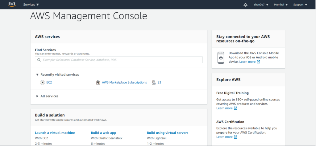 This is how an AWS management console looks like after logging in.