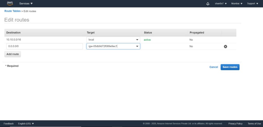 Attach route table with your VPC